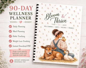 90 Day Wellness Planner Printable | Weight Loss Tracker | Habit Tracker | Meal Planner | Farmhouse Floral Planner PDF | Instant Download