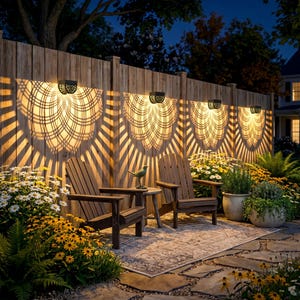 May include: Four black rectangular solar wall lights mounted on a wooden fence, each casting a wide, intricate, fan-shaped golden light pattern onto the wood. The lights are positioned above two wooden chairs on a patio with garden plants.