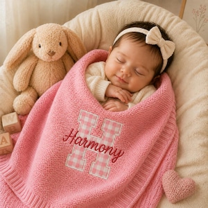Baby Name Blanket, Personalized Knit Newborn Blanket, Embroidered Applique Baby Blanket, Initial Name Blanket, Newborn Gift,Baby Shower Gift