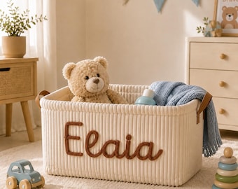Personalized Baby Storage Basket with Name, Custom Corduroy Toy Basket, Nursery Organizer, Christening Gift, Newborn Baby Gift