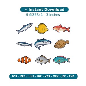 Fish Embroidery Bundle, 9 Ocean Fish Machine Embroidery Files, Tuna Mackerel Clownfish Designs, PES DST JEF, Instant Download