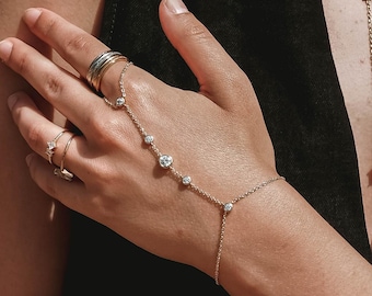 Gold Hand Chain Bracelet, Cubic Zirconia Ring, Bridesmaid Jewelry