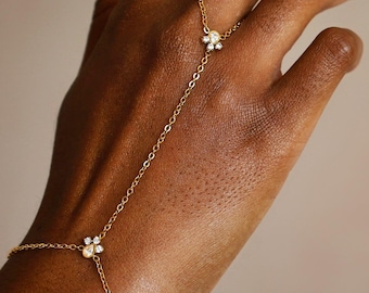 Waterproof 14k Gold Plated Hand Chain Bracelet with Cubic Zirconia