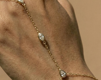 Waterproof 14k Gold Hand Chain Ring Bracelet with Cubic Zirconia Diamonds