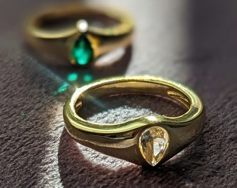 14k Gold Signet Ring: Pear CZ Diamond or Emerald, Tarnish Free