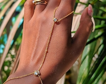 Gold Hand Chain Bracelet: Cubic Zirconia Ring Chain, 14k Plated