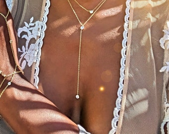 CZ Diamond 14k Gold Lariat Necklace: Pearl Drop Y Choker