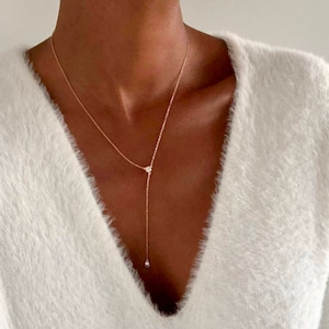 Zierliche 14k Rose Gold Halskette, Lariat & Y-Halskette, Einfache Hochzeitskette, Zierliche Diamant Tropfen Halskette, Braut Halskette, CZ Halskette