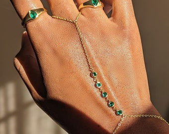 Emerald Flicker Gold Hand Chain Bracelet, Diamond Ring Bracelet - Indian Bridal Wedding - Jewelry Bohemian - Slave bracelet dainty jewelry