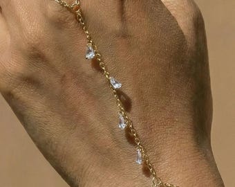 Waterproof Stainless Steel 14k Gold Bonded Crystal Drop Hand Chain Bracelet, Adjustable Bracelet size