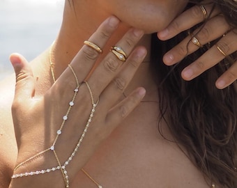Lilith Gold Hand Chain Bracelet, CZ Diamonds, Ring Chain