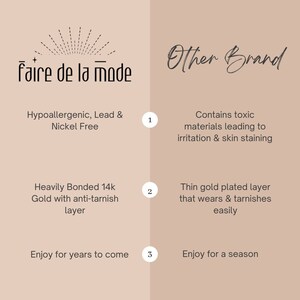 May include: A comparison graphic with the text "faire de la mode" and "Other Brand". The left side highlights hypoallergenic, lead & nickel free materials, heavily bonded 14k gold, and long-lasting enjoyment. The right side lists toxic materials, thin gold plating, and short-term enjoyment.