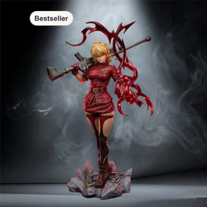 May include: A collectible figurine of a blonde character in a red military-style uniform, holding a long rifle across their shoulders. The figure stands on a rocky base with scattered bullet casings, surrounded by swirling red energy effects and text Bestseller.