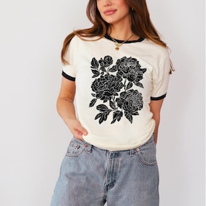 Vintage Linocut Floral Ringer Tee, Cottagecore Peony Graphic T-Shirt, Retro Botanical Garden Shirt, Wildflower Boho Aesthetic Gift Tee