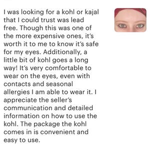 Pu&ograve; includere: Una recensione cliente a cinque stelle con un blocco di testo su un eyeliner kohl o kajal senza piombo. La recensione include una piccola foto inserita che mostra un paio di occhi con eyeliner scuro e una fascia rossa sulla fronte.