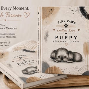 May include: Two hardcover puppy keepsake journals with a beige and black abstract design. The cover features a sleeping puppy illustration, the text Tiny Paws, Endless Love, Puppy Keepsake Journal, and small heart and paw print icons printed on the front.