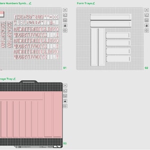 Può includere: Un'interfaccia digitale che mostra tre sezioni: Letters Numbers Symbols con blocchi di caratteri rosa, Form Trays con organizzatori rettangolari bianchi e un Storage Tray rosa con molteplici fessure verticali su uno sfondo a griglia scura.