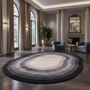 Modern Grey Oval Area Rug | Abstract Gradient Wave Tufted Rug for Living Room | Luxury Contemporary Large Floor Carpet, Cream Neutral Decor