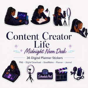 Könnte beinhalten: Ein Set aus 36 digitalen Planer-Stickern mit dem Titel Content Creator Life Midnight Neon Desk. Es enthält Illustrationen einer Person bei der Arbeit am Laptop, beim Schreiben, mit einem Ringlicht und bei Audioaufnahmen sowie Icons.