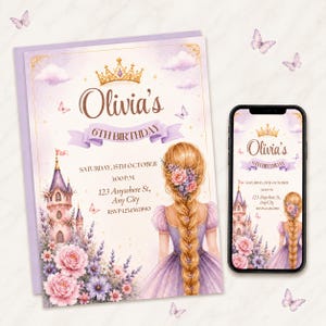 Puede incluir: Una tarjeta de invitación de cumpleaños rectangular y un teléfono inteligente que muestra el mismo diseño. La invitación presenta una corona dorada, un castillo, flores y una niña con una trenza larga. El texto dice: Olivia's 6TH BIRTHDAY, SATURDAY, 15TH OCTOBER, 3:00 P.M., 123 Anywhere St., Any City, RSVP 1234567890.
