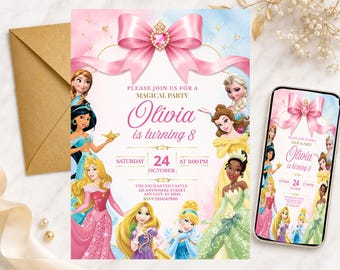 May include: A rectangular party invitation featuring a large pink bow at the top with a central heart gem. The text reads: Please join us for a magical party, Olivia is turning 8, Saturday 24 October at 3:00 PM, The Enchanted Castle.