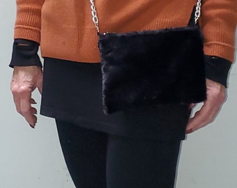 Black faux fur evening bag Vegan 8" x 6"