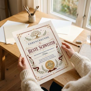 Könnte beinhalten: Eine cremefarbene Urkunde mit dem Titel "EHRENURKUNDE BESTE SCHWESTER", verziert mit einem Baum-Motiv, Lorbeerzweigen und roten Bändern. Der Text enthält den Namen "Marie" und ein goldenes Siegel mit "BESTE SCHWESTER SEIT IMMER".