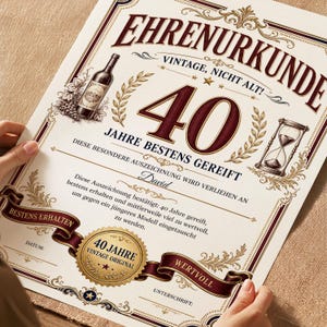 Personalisierte Ehrenurkunde zum 40. Geburtstag | Geschenk mit Name A4 | Vintage Geburtstagsurkunde