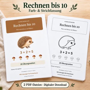 Può includere: Due quaderni di esercizi intitolati Rechnen bis 10, con un'illustrazione di un riccio marrone a sinistra e un disegno al tratto in bianco e nero a destra. Entrambe le pagine mostrano l'equazione 3+2=5 con icone di funghi e 20 pagine di esercizi per bambini di 6-7 anni.