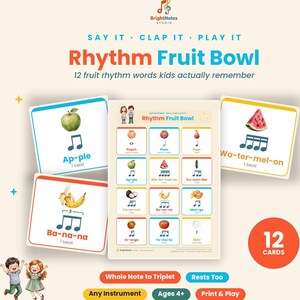 Könnte beinhalten: Ein Rhythm Fruit Bowl Lernset mit 12 Karten, die Obstillustrationen, Noten und rhythmischen Text zeigen. Das Set enthält ein Referenzblatt mit 12 rhythmusbasierten Wörtern zum Thema Obst sowie erklärende Texte für den Musikunterricht.