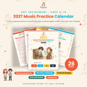 2027 Music Practice Calendar for Kids, Music Practice Chart, Practice Tracker, Piano Violin Practice Log, Sticker Reward Chart, Letter A4