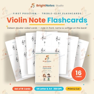Pode incluir: Um conjunto de dezasseis cartões de memória de dupla face para violino na primeira posição em clave de sol. Os cartões apresentam notação musical na frente e nomes das notas com solfejo no verso. O conjunto inclui dezasseis cartões para impressão em US Letter e A4 a 300 DPI.