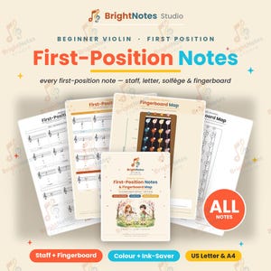 Pode incluir: Uma coleção de folhas de música educativa para violino intitulada First-Position Notes da BrightNotes Studio. Os documentos exibem notação em pauta, mapas de escala e solfejo. Inclui versões em cores e de economia de tinta em A4.