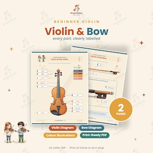 Puede incluir: Un conjunto de dos pósteres educativos de referencia titulado Beginner Violin: Violin & Bow, every part, clearly labelled. Los diagramas muestran un violín marrón y un arco con etiquetas detalladas para partes como el puente y el cordal.