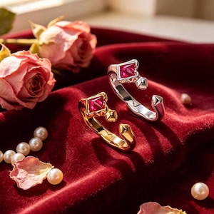Handgemachter quadratischer Rubinring, S925 Sterlingsilber, 18K vergoldet, unregelmäßiger geschmolzener offener Ring, Minimalist-Schmucksachen Geschenk für Frauen