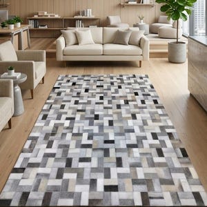 Handmade Cowhide Patchwork Rug, Genuine Leather Geometric Carpet, Neutral Tones Home Decor