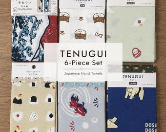 Set di 6 asciugamani tradizionali giapponesi Tenugui, con motivi di sumo, onigiri, pesci rossi, cani e stampe Ukiyo-e. Un regalo in tessuto giapponese perfetto.