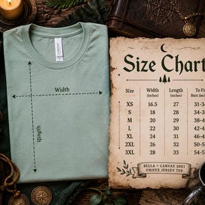 Może przedstawiać: Szałwiowo-zielony t-shirt z okrągłym dekoltem oraz tabela rozmiar&oacute;w wydrukowana na pergaminie. Tabela przedstawia szerokość, długość i obw&oacute;d w biuście w calach dla rozmiar&oacute;w od XS do 3XL, oznaczona jako Bella + Canvas 3001 Unisex Jersey Tee.