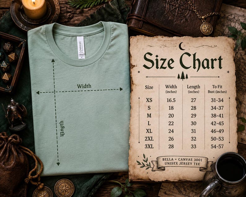 Może przedstawiać: Szałwiowo-zielony t-shirt z okrągłym dekoltem oraz tabela rozmiar&oacute;w wydrukowana na pergaminie. Tabela przedstawia szerokość, długość i obw&oacute;d w biuście w calach dla rozmiar&oacute;w od XS do 3XL, oznaczona jako Bella + Canvas 3001 Unisex Jersey Tee.