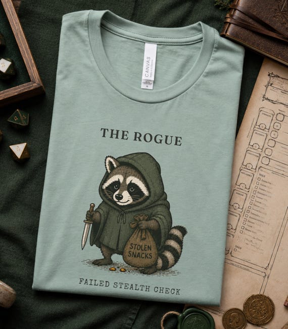 The Rogue Raccoon DnD Shirt, Failed Stealth Check Tee, Funny Tabletop RPG Shirt, Cozy Fantasy Animal Shirt, RPG Player Gift, Gamer Apparel