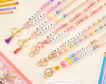 Cordino porta badge personalizzato per insegnanti con nome, in silicone stile boho, con perline e nappa, regalo personalizzato per insegnanti, regalo per l'apprezzamento degli insegnanti