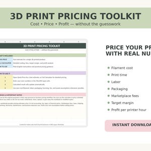 Könnte beinhalten: Eine digitale 3D Print Pricing Toolkit Tabellenkalkulation mit Abschnitten für Quick Price, Full Calculator und Gebrauchsanweisungen. Das Dokument enthält Listen für Filamentkosten, Druckzeit, Arbeitsaufwand, Verpackung, Marktplatzgebühren, Zielmarge und Gewinn pro Druckerstunde mit einer hellgrünen Kopfzeile und einem rosa Sofort-Download-Button.