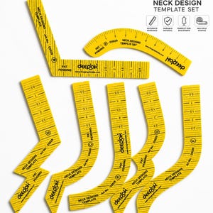 Può includere: Un set di sagome gialle in plastica per il design di scollature nel cucito, con marcature nere, misure e il marchio Deepak. Le sagome includono varie forme curve e angolate etichettate con le lettere da A a G per il disegno di cartamodelli.