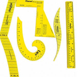 May include: A set of four yellow plastic sewing rulers and pattern drafting tools. The collection includes a Manan Blouse Dart Scale, a Deepak Side Fitting Scale #D5018, a curved LNT ruler, and a straight Manan ruler marked in centimetres up to 30 cm.