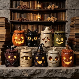 Cozy Monster Ceramic Tealight Holder, Handmade Halloween Candle Lantern, Cottagecore Spooky Decor, Fall Gift