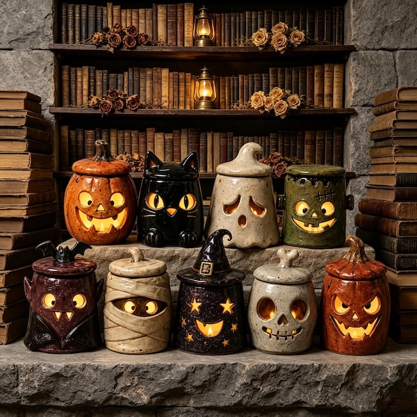 Cozy Monster Ceramic Tealight Holder, Handmade Halloween Candle Lantern, Cottagecore Spooky Decor, Fall Gift
