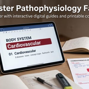 Op de afbeelding: Een tablet met een digitale studiegids getiteld Body System Cardiovascular, met 8 ziekten, notities, conceptmaps, flashcards en een quiz. Daarnaast ligt een geprinte conceptmap over hypertensie en een open notitieboek met een pen.