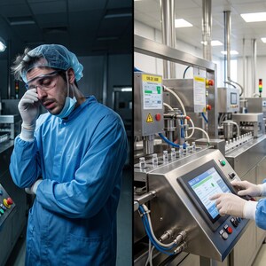 May include: A split-screen view of a manufacturing facility featuring a stainless steel industrial machine with a digital touchscreen interface, control buttons, and small glass vials. A worker in a blue lab coat, hairnet, and safety glasses operates it.