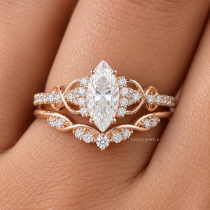 Marquise Diamond Engagement Ring Set, Rose Gold Bridal Set, Infinity Diamond Ring, Curved Wedding Band, Vintage Bridal Jewelry