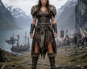 May include: A warrior dressed in a dark brown leather bodice with lace-up front, a matching layered skirt with fur accents, leather bracers, and fur-trimmed boots. The outfit features a wide leather belt with a metal buckle and small pouches.